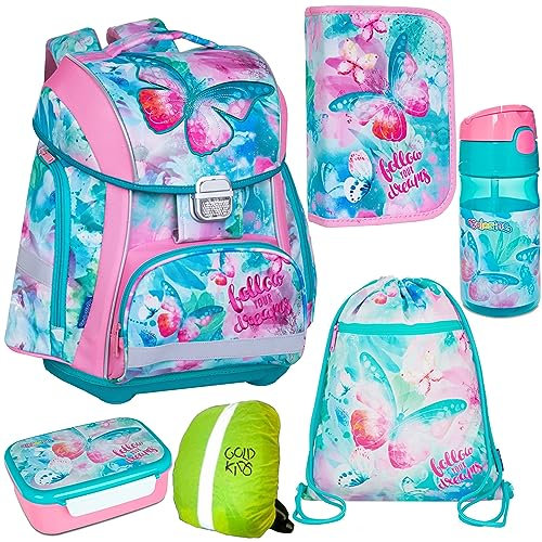 Goldkids Schulranzen-set Schmetterling Butterfly Dreams Schulranzen Kinderrucksack, Federmappe, Schuhbeutel, Trinkflasche, Brotdose, Regenschutz Motivdruck 6-teilig