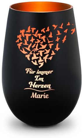 GRAVURZEILE Lanterna decorativa in vetro con incisione – per sempre nel cuore – Personalizzata con nome – Lanterna in vetro – Luce funebre per funerale o come ricordo – Nero/Bronzo