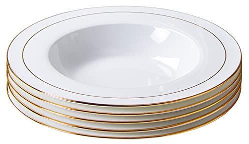 Assiette Plate Blanche Avec Rebord Doré,service De Restaurant En Porcelaine Chinoise Dessert Dîner,Assiette Plate Ronde,Assiette Creuse ,Bol À Dessert,Steak, Pâtes, Pizza, Restaurant,5 Pièces Assiette