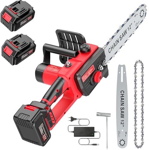 Brushless Tronçonneuse avec batterie 3000mAh * 2, 12 pouces scie à chaîne électrique sans fil, scie à chaîne électrique à une main, scie à chaîne manuelle sans fil avec verrouillage de sécurité