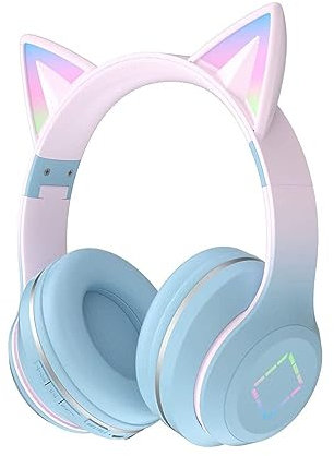 Usoun Cuffie Bluetooth cartone animato,con orecchie da gatto con luce a LED,slot per schede SD,jack audio da 3,5 mm,cuffie sovraurali pieghevoli,senza fili e cablate,per bambini,bambine (grigio blu)