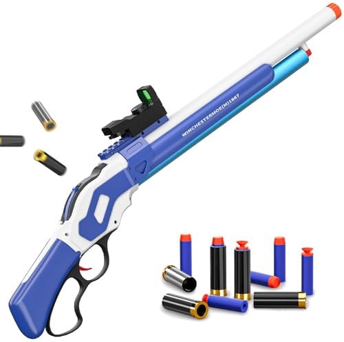 RuiDaXiang Pistolet Jouet,Fusil de Chasse Jouet, Blasters en Mousse EVA et Design d'éjection de la Douille Vide à Levier pour Les Jeux d'intérieur et d'extérieur (Bleu)