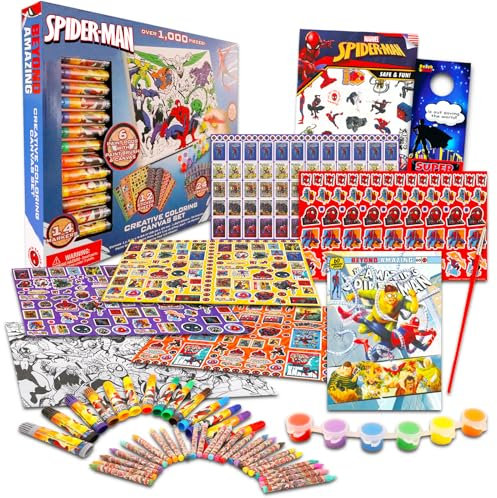 Spiderman-Malset für Kinder – 1000 + teiliges Spiderman-Kunst- und Bastelset mit Spiderman-Leinwand, Farbe, Malvorlagen, Aufklebern und mehr für Kinder, Spiderman-Aktivitätsset