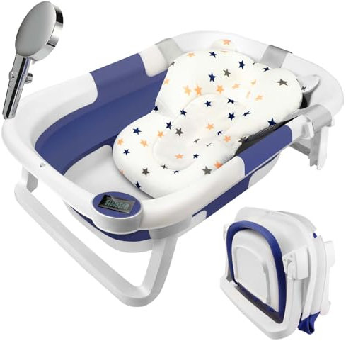 Baby Badewanne zusammenklappbare Babywanne Faltbare Neugeborenen für Neugeborene bis Kleinkinder mit rutschfester Matte und Abflussloch für Babys 0-6 Jahre (Blue)