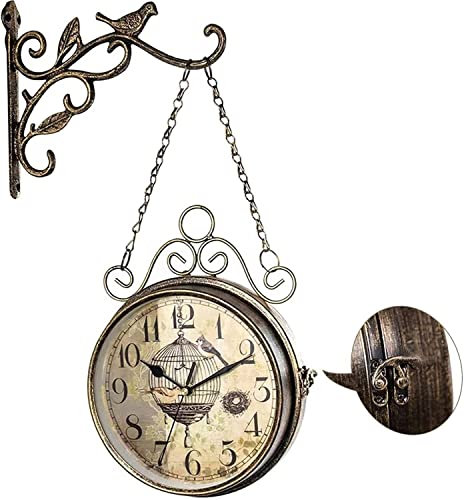 Retro Bahnhofsuhr Retro-Rost-Doppelseitige Uhr, 20,3 cm, nicht tickendes Eisen, antike Hängeuhren, Vintage, zwei Gesichter, leiser Quarz, runde Uhr for Büro, Schlafzimmer, Wohnzimmer, Dekoration