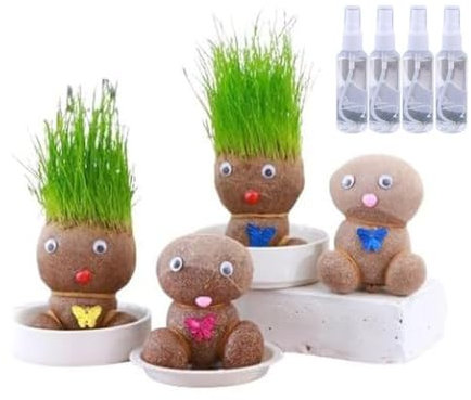 4PCS Grass Head Doll Plant with Trays & Spray Bottles, Grass Head Doll Bonsai Growing Plants, Grow Your Own Hairy Forest Elf Kits, Educational Craft Kit for Men Women Kids Home Garden Decor