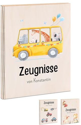 Bärenfreunde® - Personalisierte Zeugnismappe aus Holz mit hochwertigem Spezial-Druck - Einschulung Geschenk - Zeugnismappe Jungen & Zeugnismappe Mädchen (Tiere im Bus)