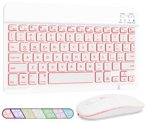 LAMA Retroilluminata Tastiera e Mouse Wireless, Tastiera Tablet Universale Ultra Sottile Ricaricabile, Tastiera Bluetooth Portatile per iPad/Tablet/iOS/Android/Windows/Laptop/Computer, Bianco