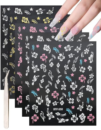 Fleurs Stickers Ongles-10 Feuilles Nail Art Autocollants Fleur blanc rose argent doré,Autoadhésif Deco Ongle Nail Art Design Manucure Fête Bricolage Ongle Décoration,3D Nail Sticker + 1 Pince à épiler