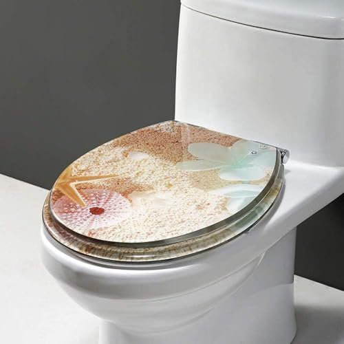 Soft Close Toilet Seat, Toilet Lid, Resin Automatic Lowering Toilet Cover, Top Fixing Hinges, for Bathroom-Light Brown Starfish,Green Flowers