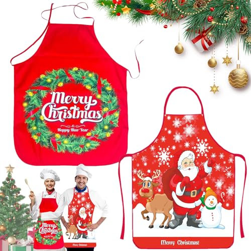 2 Piezas Delantal de Navidad Impermeable, Rojo para Adultos, para Fiesta Nochebuena Cocina Restaurante (A2)