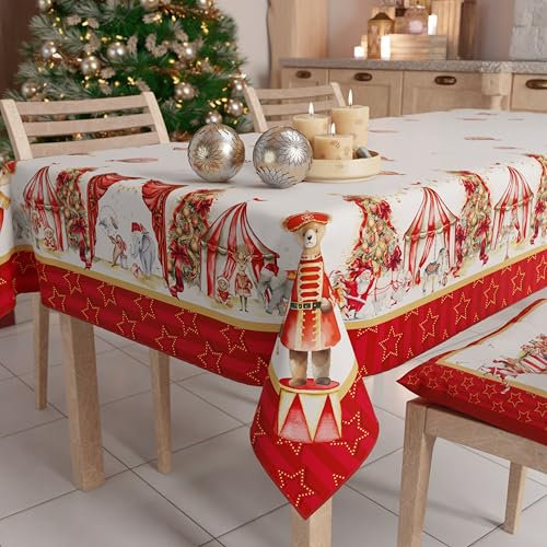 PETTI Artigiani Italiani - Tovaglia Natalizia Antimacchia Rettangolare Copritavolo Natalizio Cucina Disegno Circus X24 Posti (140x450 cm) 100% Made in Italy