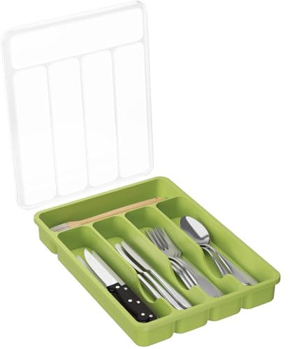 Lifewit Besteckkasten für Schubladen mit Deckel, 23,5 x 32,3 cm Küchenutensilien Besteckeinsatz, 5 Fächer Kunststoff Schmale Schubladen Organizer Küche Besteckkorb für Backen/Messer/Gabel, Grün