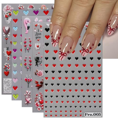 JMEOWIO 6 Sheets Valentines Day Heart Nail Art Stickers Decals Self-Adhesive Nail Supplies Nail Art Design Decoration Accessories