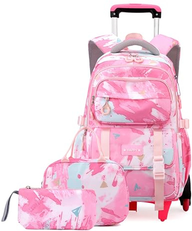 EKUIZAI Girls Trolley Backpack Set Cute Colorful Girls Rolling Backpack Middle School Trolley Schoolbag with Wheels