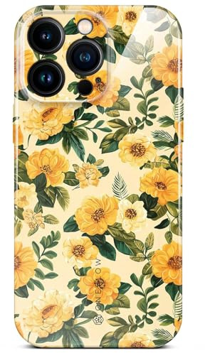 ONEFLOW Flower Cover für iPhone 14 Pro Max Hülle in Floral Optik, Blumen Designer Case Handy Schutzhülle mit Kameraschutz, Hardcase dünne Handyhülle Blumenmuster, Gelb Grün