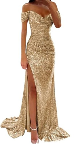 Robe de soirée à paillettes sexy pour femme - Épaules dénudées - Taille haute - Fente latérale - Robe longue - Robe maxi élégante - Col en V - Robe de cocktail - Robe de bal - Robe festive, or rose 7,