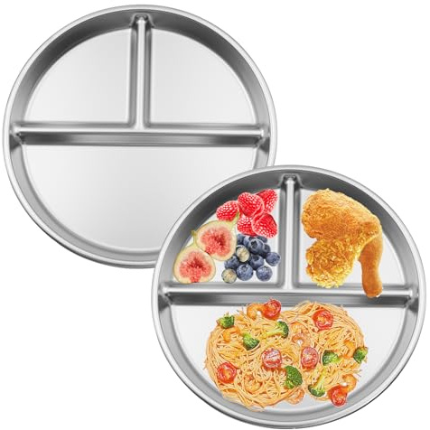 2 Pezzi Piatto in Acciaio Inox per Bambini 23 cm Piatti Rotondi a Scomparti