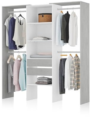 duehome | Armario Vestidor con 2 Cajones, Vestidor con Barras y Baldas, Modelo Lada, Acabado en Blanco Artik y Gris Cemento, Medidas: 179 cm (Ancho) x 202 cm (Alto) x 50 cm (Fondo)