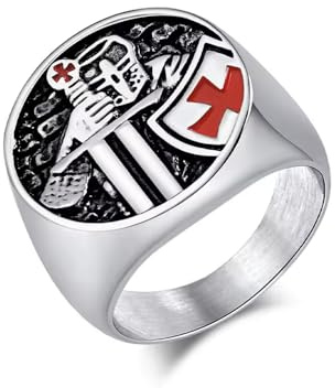 BlackAmazement 316L Edelstahl Ring Medieval Knight Ritter Paladin Templer Kreuz Schild Tempelritter Kreuzritter Kreuzfahrer silber rot Herren Damen