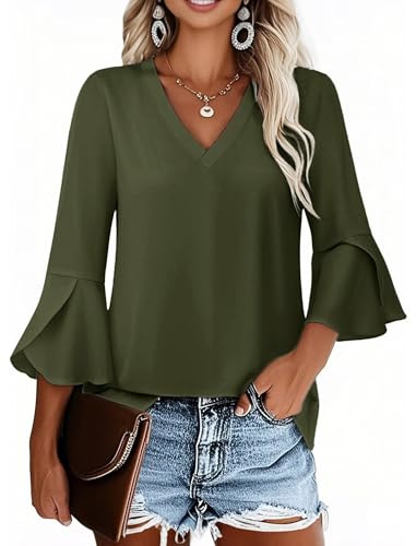 VICHYIE - Maglia da donna a 3/4 maniche con scollo a V, top estivo, basic, casual, lungo, verde militare, S