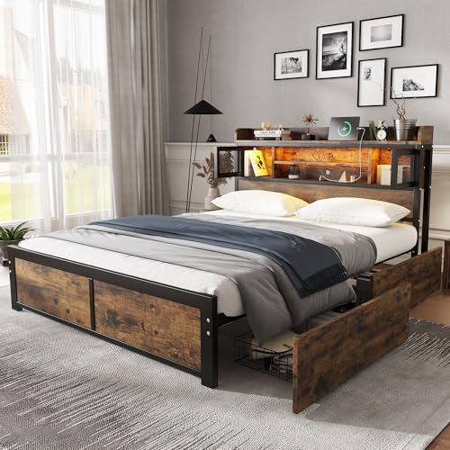 RIAZOS 4ft6 Double Metal Bed 135x190cm, with LED Light Strip and 2 Drawers, 3 Charge Port, Multifunctional Youth Storage Iron Bed for Adults & Teenagers, Black+wood Color