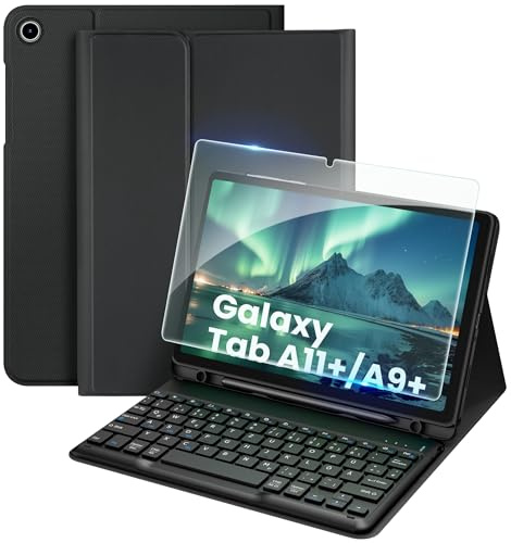 Hülle mit Tastatur für Samsung Galaxy Tab A11 Plus/A9 Plus 11 2025/2023 | Hülle mit Stifthalter Und Schutzfolie, QWERTZ Tastatur Magnetische Kabellose Bluetooth Abnehmbare, Schwarz
