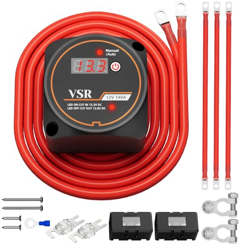 Joinfworld 3M 140 Amp 12V Split Charge Relay Kit,Led Voltmeter Manual/Auto | Waterproof Smart Voltage Sensitive Relay Kit VSR Dual Battery Isolator for Marine Truck ATV UTV RV Boat Vehicles Campervan