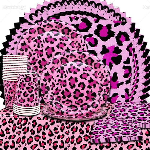 Huaxintoys 61 Pièces Vaisselle de Fête Léopard Anniversaire, Vaisselle à motif léopard, Assiettes en Papier Serviettes Tasses pour Fête à Gepard Décorations