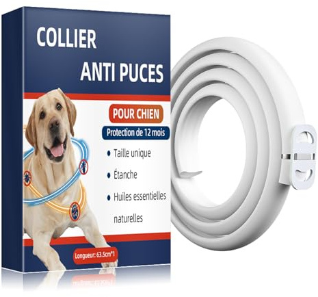 Collare Antiparassitario per Cani Naturale con Oli Essenziali, Protezione Impermeabile 12 Mesi contro Pulci e Zecche, Antipulci per Cani Regolabile per Taglia Piccola, Media e Grande (1pack)