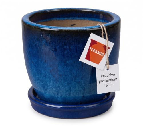 Teramico Blumentopf mit Untersetzer Keramik Pflanztopf Set (Royal Blau) | Handgefertigtes Teramico Steinzeug-Pflanzgefäß mit passendem Teller. Frostfest, stilvoll & ideal für Innenräume.