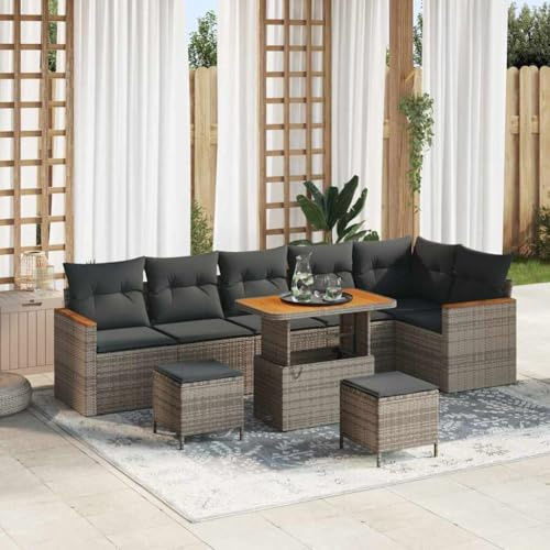 Mokuyary Gartensofa-Set 9 pcs Grau Poly-Rattan Gartenmöbel Set, Outdoor Balkonset Terrassenmöbel, Gartenlounge Sitzgruppe für Terrasse, Balkon, Garten -K