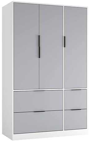 URBNLIVING 3 Door Wardrobe with 4 Drawers – Wooden Bedroom Storage Cupboard with Hanging Rail for Clothes - White Unit & Grey Doors & Drawers