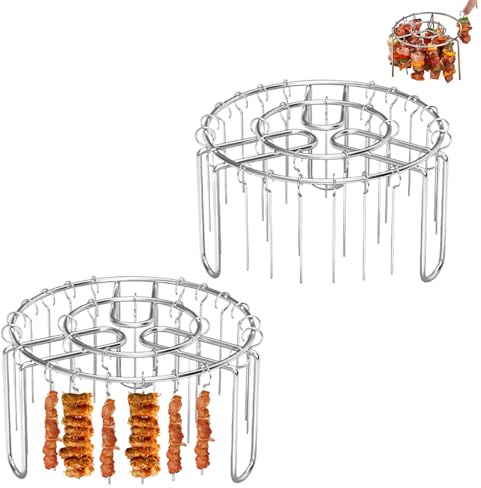 2PCS Air Fryer Rack Round, Heat-Resistant Reusable Grill Racks Stand with 24 Non-Stick Barbeque Skewers, 6.5 Inch Stainless Steel BBQ Kebab Skewers Racks,Hanging Oven Skewer Rack Accessories