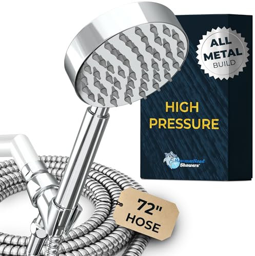 (Polished Chrome) - 100% Solid Metal Hand Held Shower Head Set with 2.5 GPM High Pressure Spray Wand, 180cm Long Stainless Steel Hose & Brass Holder Bracket for Hotel Quality, Polished Chrome