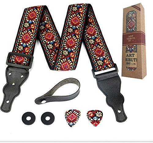 Art Tribute Gitarrengurt rot Vintage gewebt mit gratis Bonus 2 Gitarrenplektren + Schnallen + Gürtelknopf. für Bass-, Elektro- und Westerngitarre. Das beste Gitarrist-Geschenk