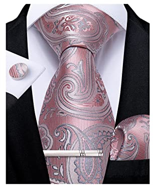 DiBanGu Mens Tie Set Silk Pink Paisley Necktie and Pocket Square Cufflinks Tie Clip Set Classic Formal Ties for Wedding Party