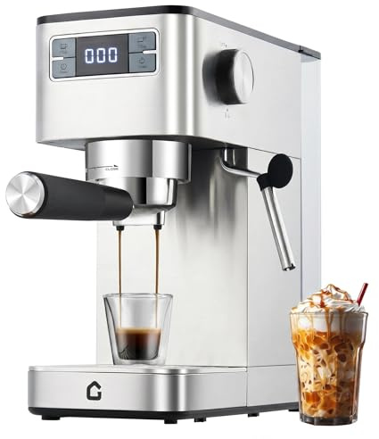 GarveeMore Kaffeemaschine 20 Bar – Edelstahl Siebträgermaschine | mit Milchaufschäumer & Thermoblock – 1,25L Abnehmbarer Wassertank, Entkalkungsanzeige