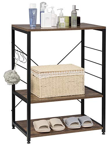 eSituro Estantería de Cocina con 4 Ganchos y 3 Estantes, Multifuncional Estante Almacenamiento de Organizador para Microondas Plantas, Metal+MDF, 60x40x82 cm, Negro+Marrón