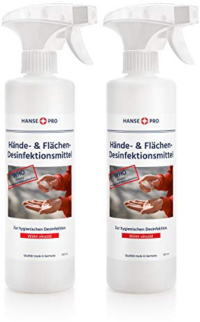 HANSE PRO Haut- & Flächen-Desinfektions-Spray, 2 x 500 ml I Händedesinfektion I Hygiene I ideal geeignet für Hand, Haut und Flächen I in praktischer Sprühkopf-Flasche