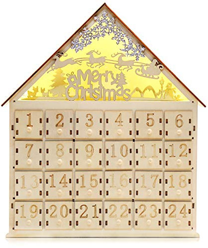 VEYLIN Xmas Wooden Advent Calendar with LED Lights 24 Storage Drawers for Kids Christmas Holiday Decoration