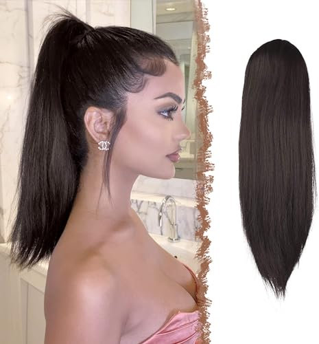 FESHFEN Coleta Postiza pelo Lisa, 35 cm Cola de Caballo Extension Cordón Larga Liso Extension Pelo Coleta Sintéticas Ponytail Drawstring Extensiones de Cabello Coleta, Marrón más Oscuro