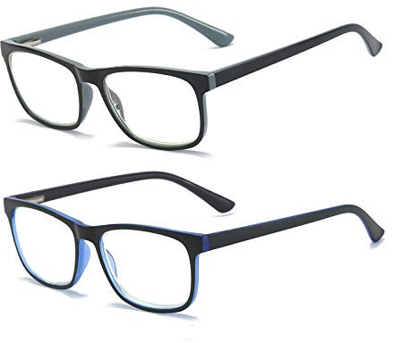 MMOWW 2er-pack Lesebrille Damen und Herren - Anti-blaue Computerbrille mit Federscharnieren (Grau+Blau, +1,5)