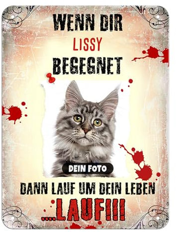 PR Print Royal Blechschild selbst gestalten mit Katzenfoto, Name & Spruch - Lauf um Dein Leben - Geschenkidee für Katzenbesitzer/Türschild/Katzenschild - Hochformat Schild A5