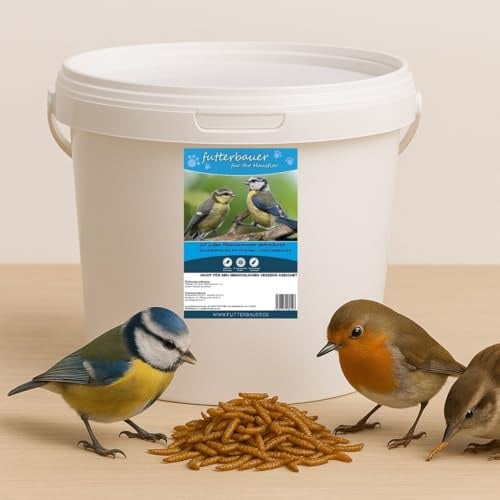 10 Liter Mehlwürmer im praktischen Eimer Getrocknete Mehlwürmer – 100% Naturfutter für Wildvögel & Igel |Proteinreiches Premiumfutter ohne Zusätze |