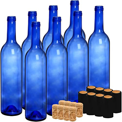 DEAYOU 8 Stück 750 ml Bordeaux-Weinflaschen, transparente Glasflaschen mit 8 Korken und PVC-Schrumpfkapseln, leere Flasche mit flachem Boden für Weinrot, Likör, Champagner, Dekoration, Kobaltblau