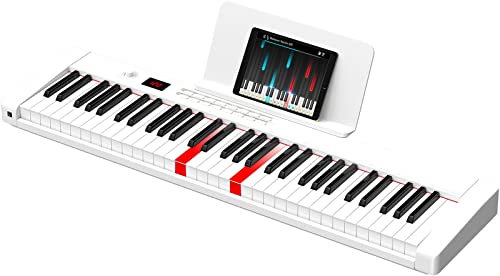 TERENCE Piano Keyboard 61 Keys with 1750mAh Battery Digital Piano Semi Weighted Keyboard with Display Function keys Bluetooth MIDI Port Sheet Music Stand Sticker Bag Audio Cable Earphones White