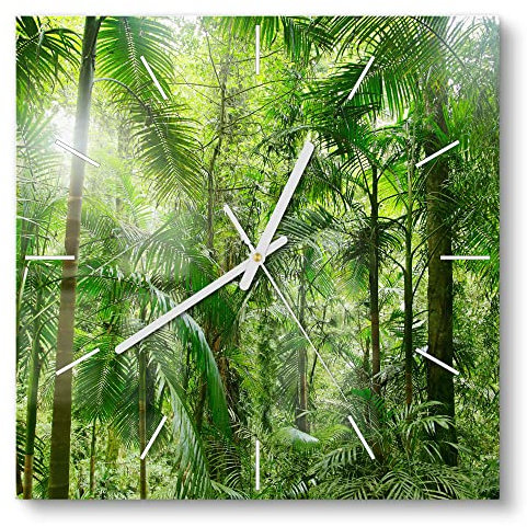 DEQORI Glasuhr | 30x30 cm | Motiv Mitten im Dschungel | ausgefallene leise Design Uhr aus Glas | Wanduhr für Wohnzimmer & Küche | Moderne Hingucker Uhr für die Wand