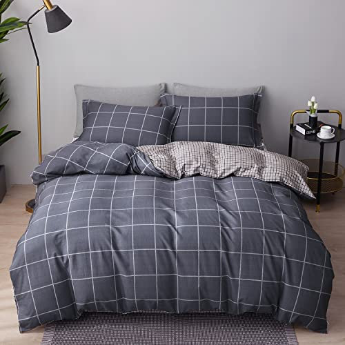 SAPHREAS Bettwäsche 200 x 220 3teilig Bettbezug - Bettwäsche-Sets 200 x 220 cm mit 2 Kissenbezüge 80x80cm,Jungen Grau Kariertes Bettwäsche Set aus Bio-Baumwolle?mit Reißverschluss