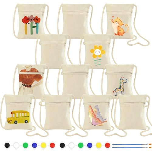 12 Stück Stoffbeutel zum Bemalen für Kinder, Brustbeutel Kinder Bemalen, Kinder Umhängegeldbeutel mit 12 Farbe Pigment und 2 Malstift für Geburtstagsfeier, Schule, Feier(17 * 13cm